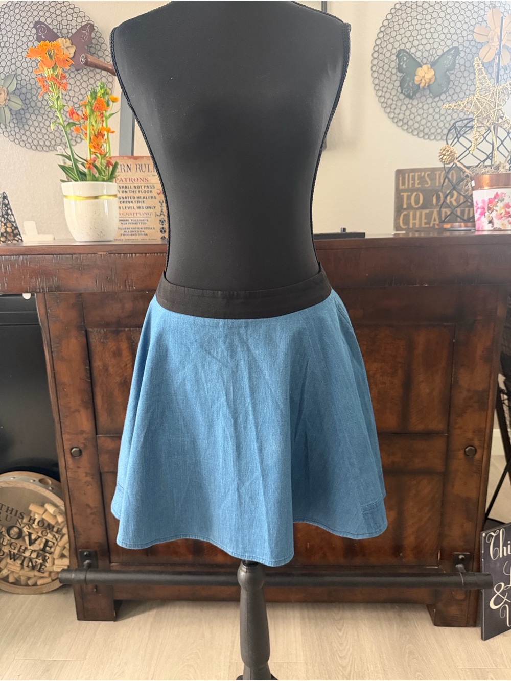Denim Mini Skirt with Black Elastic Waistband - Blue